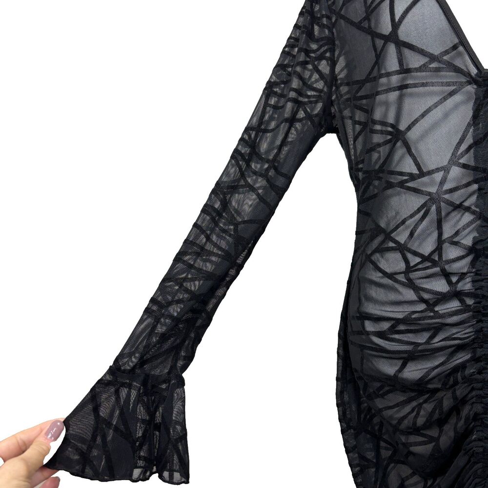 Ruffled Mesh Sheer Drawstring Black Bodycon Dress Sz 1X Festival Club Cover-up - Picture 5 of 11